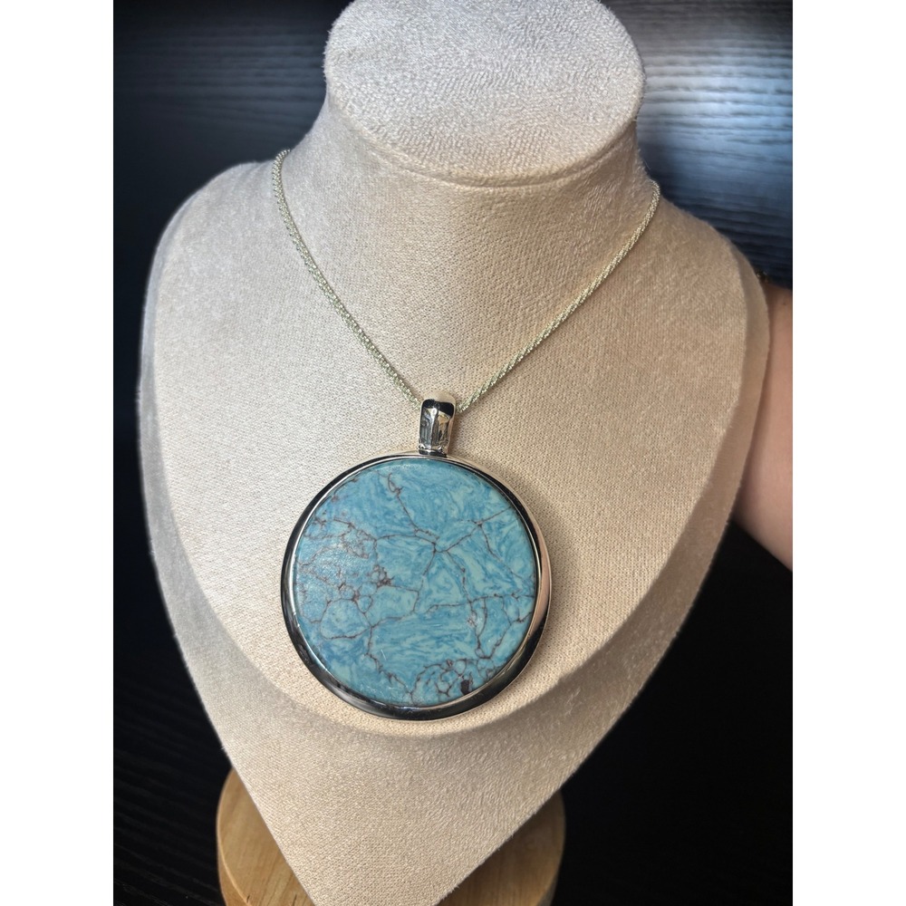 HLM‎ Soho Turquoise Circle Pendant Statement Necklace Silver Tone Long Western